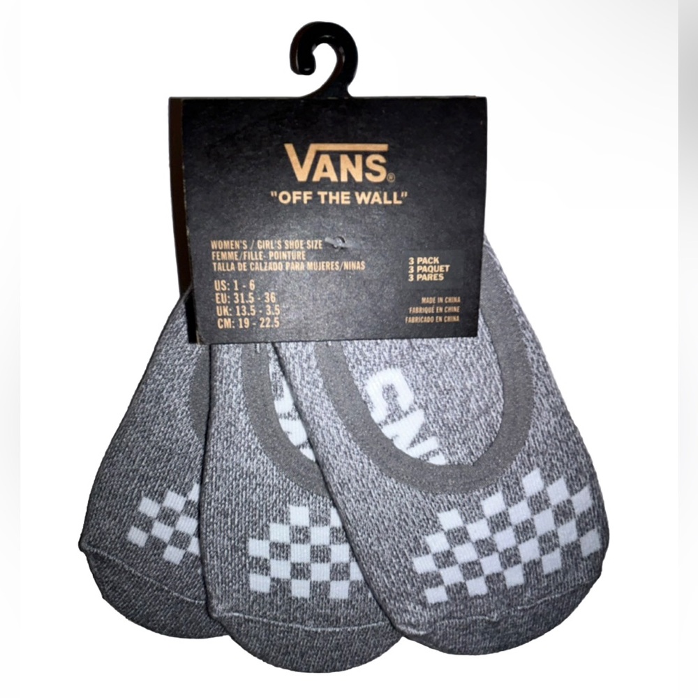 Vans Off The Wall No Show Socks 3 Pair Girls Wmn 1-6 Gray White w Logo & Checker